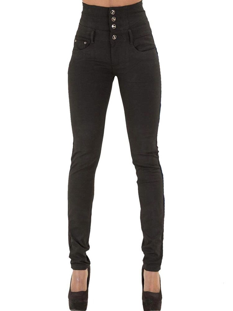 Pocket Plain High-waist Button Skinny Jeans For Kvinner