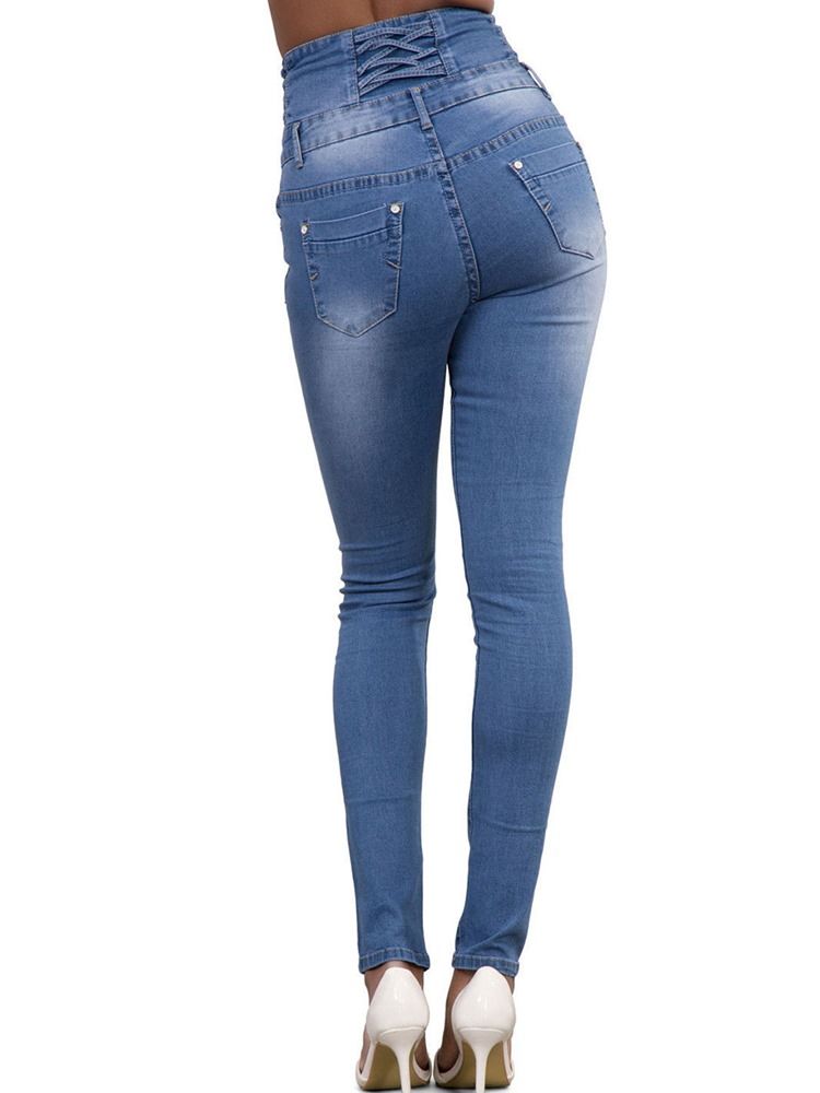 Pocket Plain High-waist Button Skinny Jeans For Kvinner