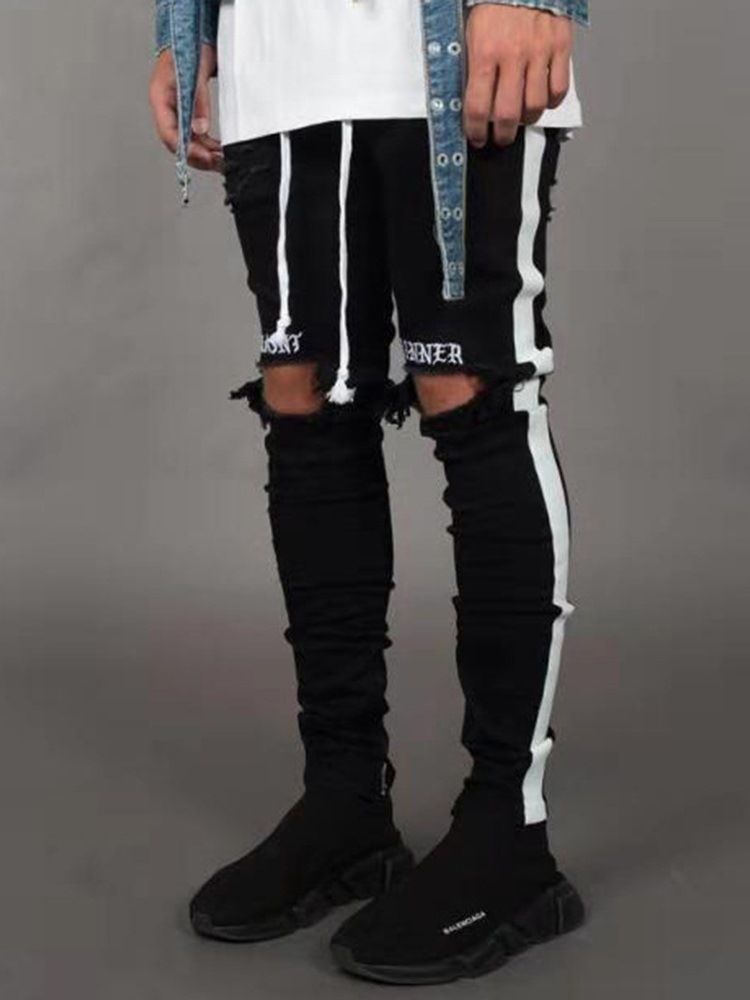 Side Striped Color Block Mens Casual Ripped Jeans