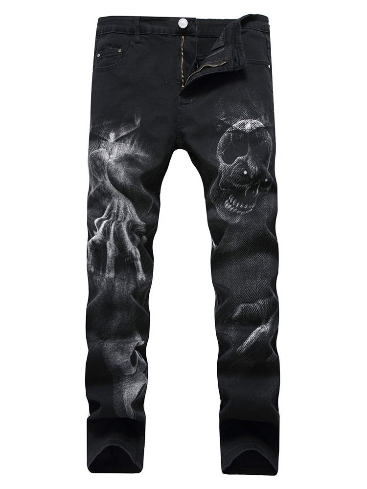 Skull Pencil Printed Mid Waist Casual Jeans For Menn