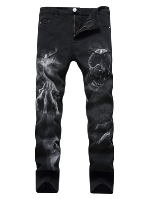 Skull Pencil Printed Mid Waist Casual Jeans For Menn