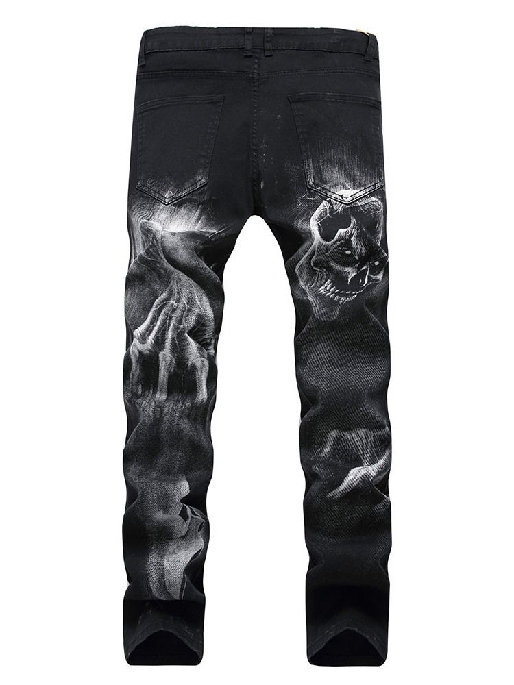 Skull Pencil Printed Mid Waist Casual Jeans For Menn