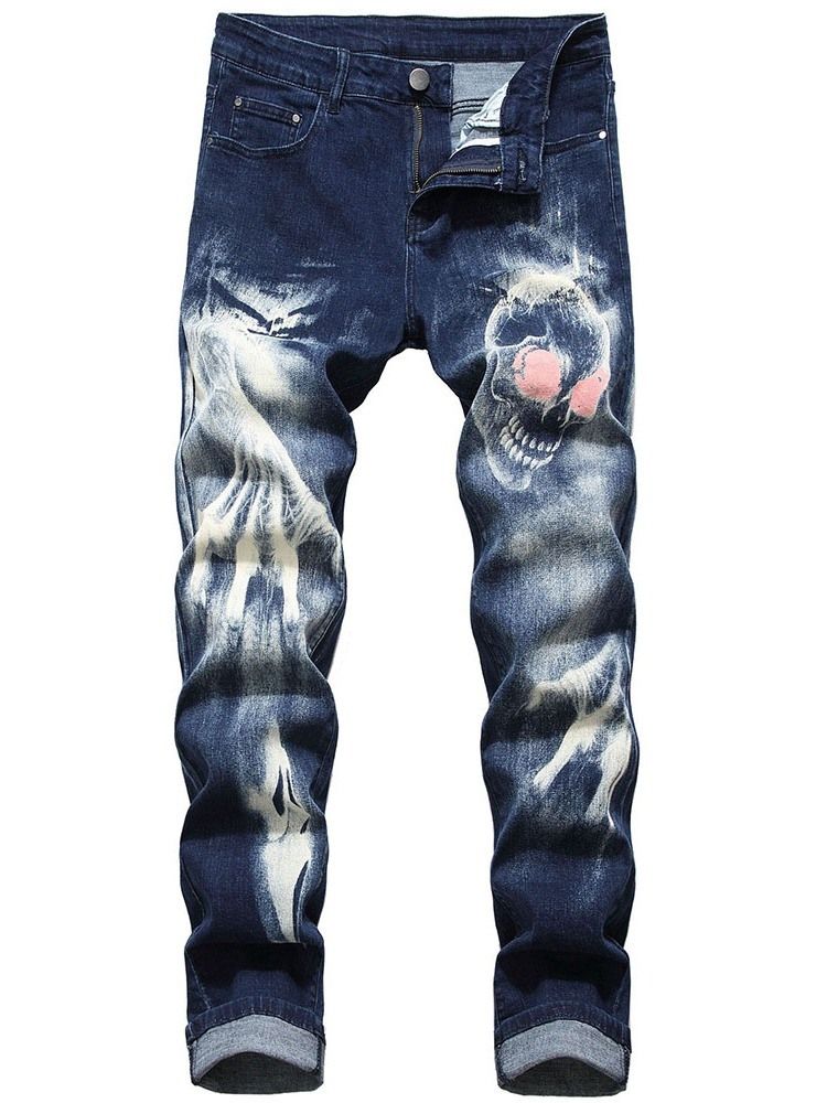 Skull Pencil Printed Mid Waist Casual Jeans For Menn