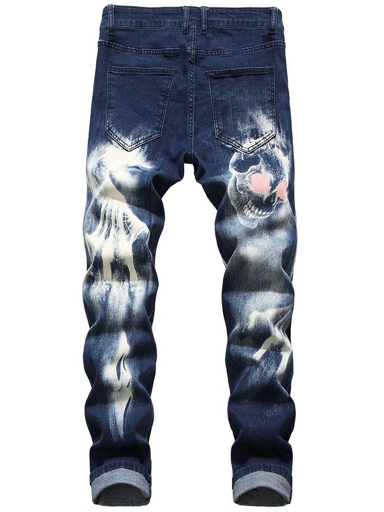 Skull Pencil Printed Mid Waist Casual Jeans For Menn