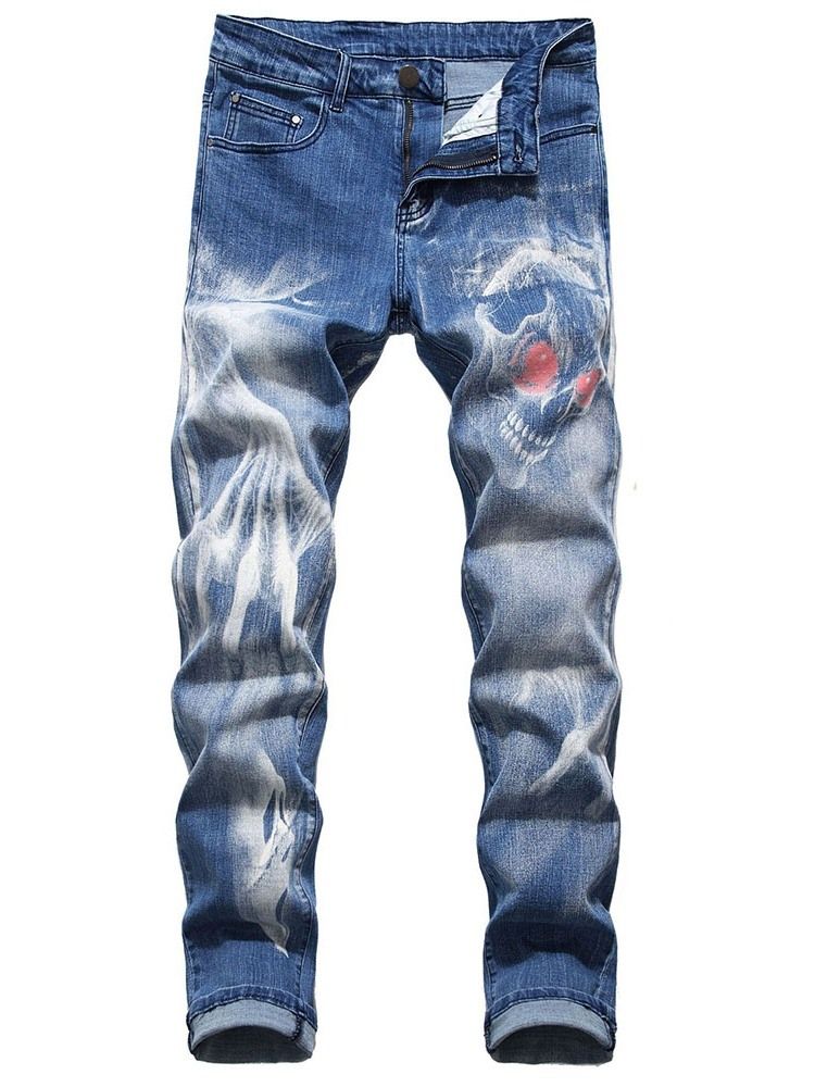 Skull Pencil Printed Mid Waist Casual Jeans For Menn