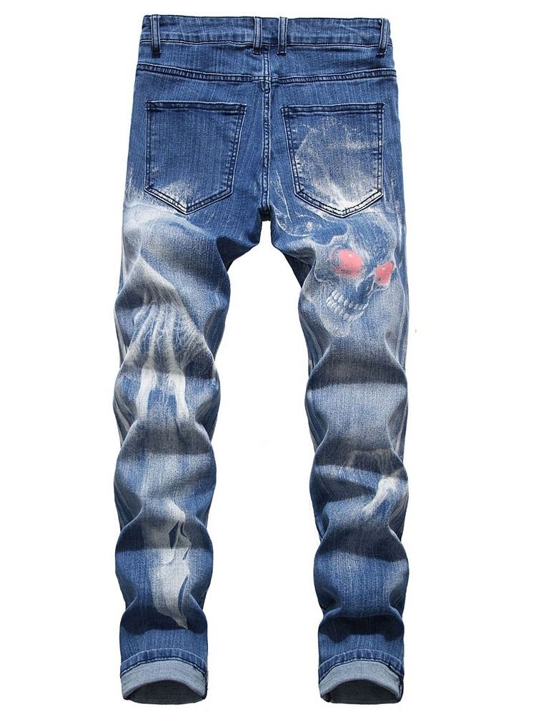 Skull Pencil Printed Mid Waist Casual Jeans For Menn