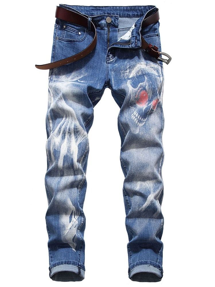 Skull Pencil Printed Mid Waist Casual Jeans For Menn