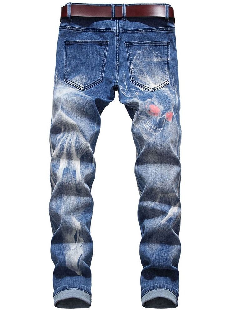 Skull Pencil Printed Mid Waist Casual Jeans For Menn