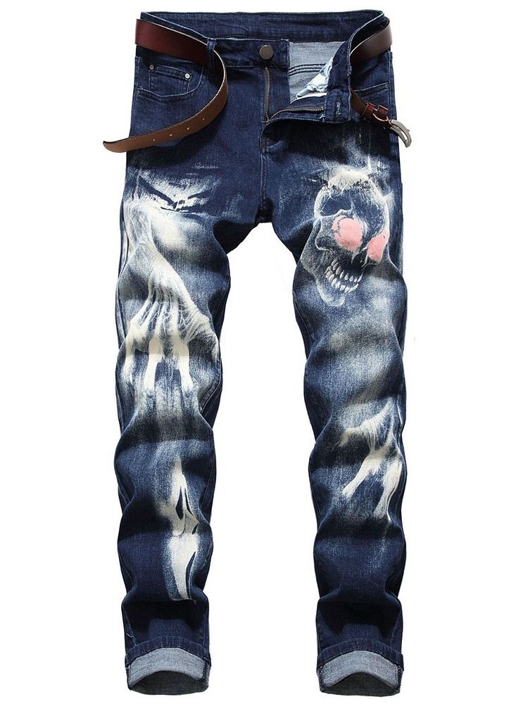 Skull Pencil Printed Mid Waist Casual Jeans For Menn