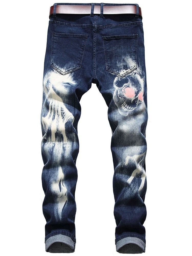 Skull Pencil Printed Mid Waist Casual Jeans For Menn