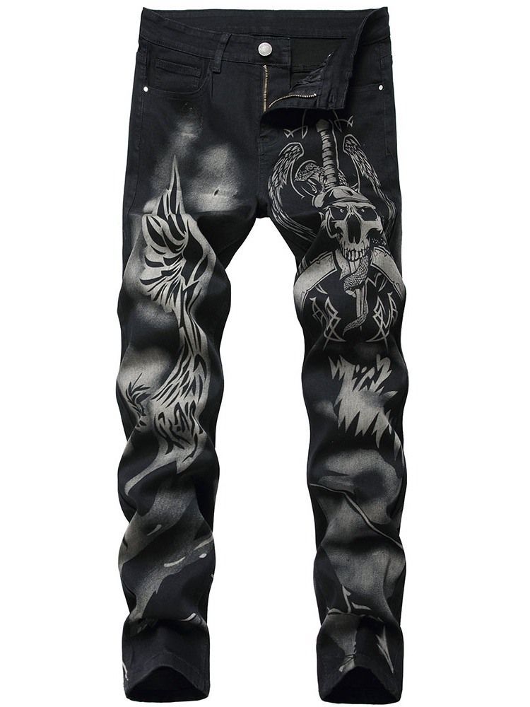 Skull Straight Print European Mid Waist Herre Jeans