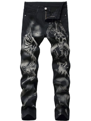 Skull Straight Print European Mid Waist Herre Jeans