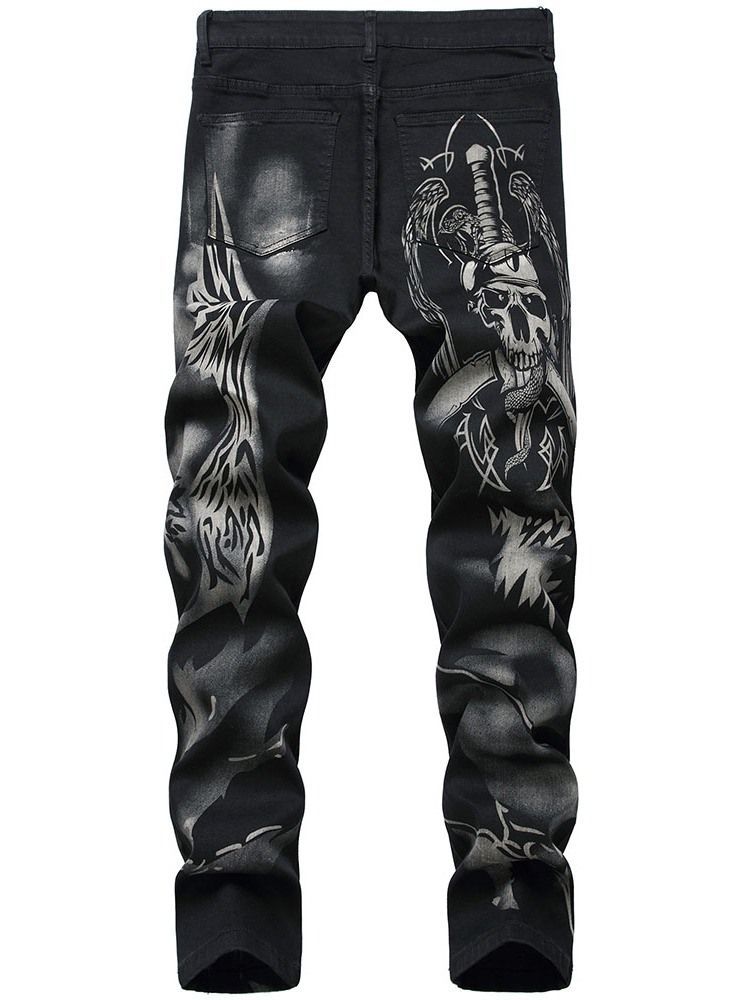 Skull Straight Print European Mid Waist Herre Jeans