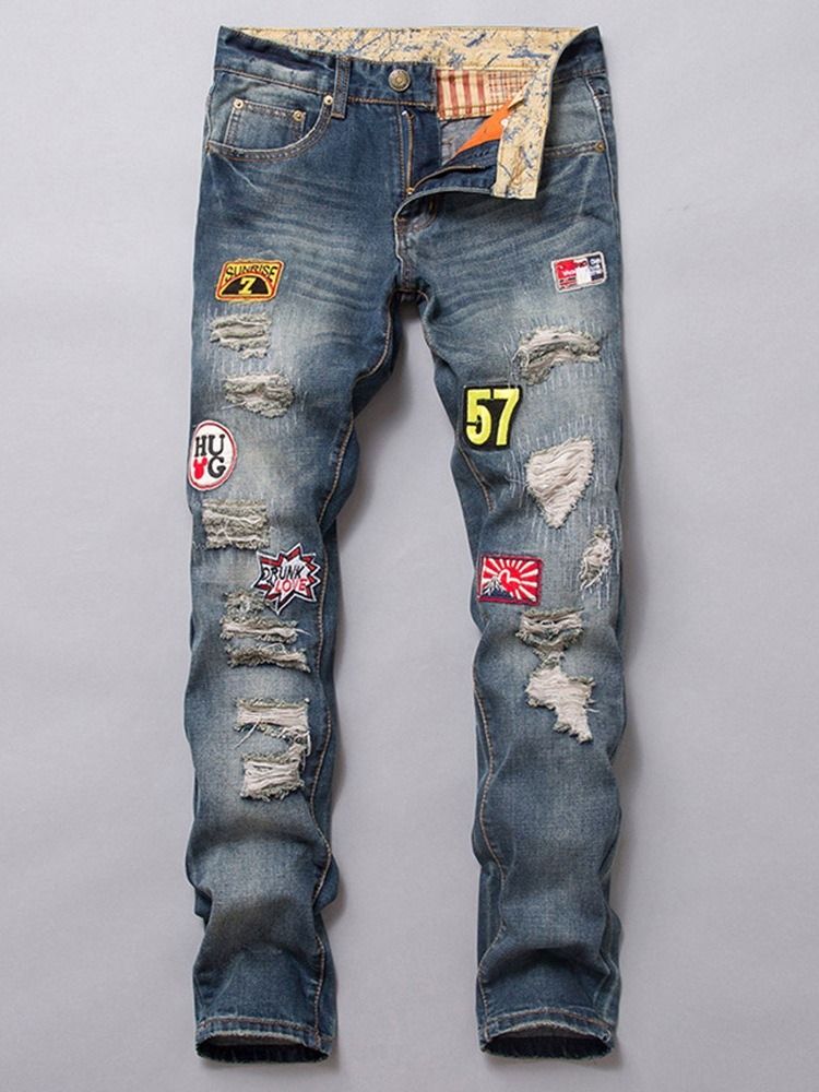 Straight Color Block Broderi Mid Waist European Herre Jeans