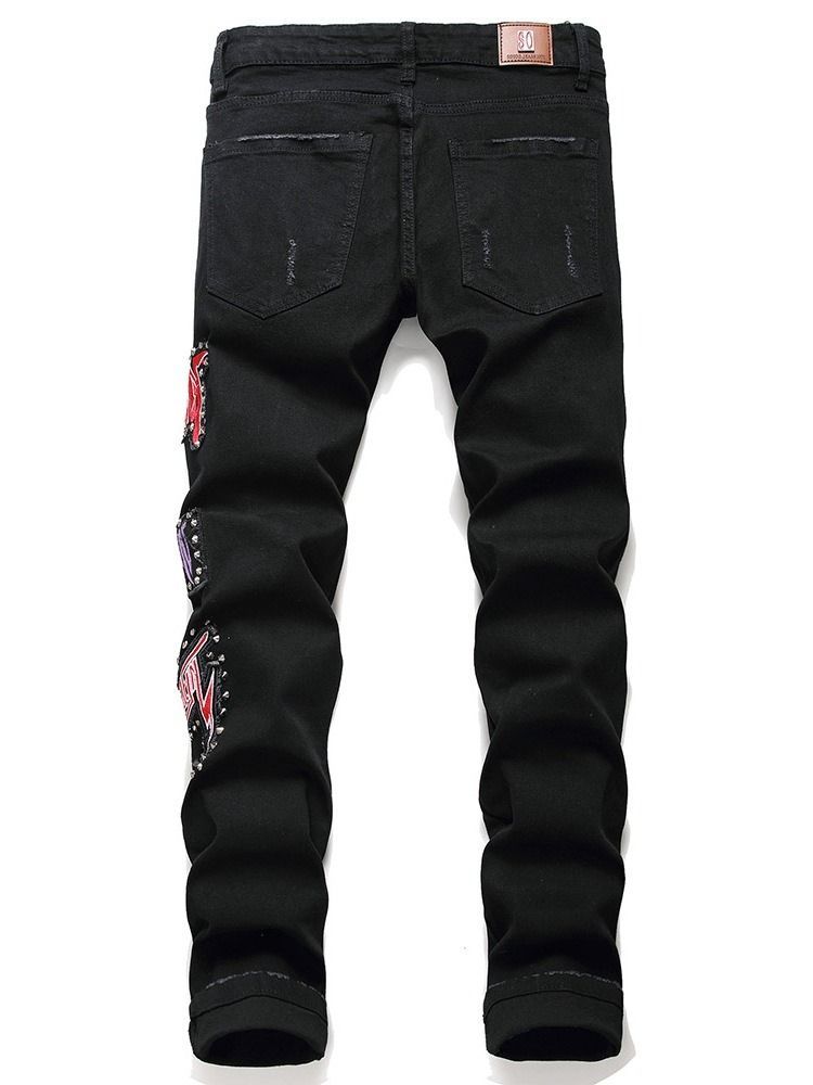 Straight Print Casual Glidelås Jeans For Menn