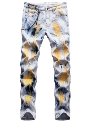 Straight Print Mid Waist Glidelås Slim Jeans For Menn