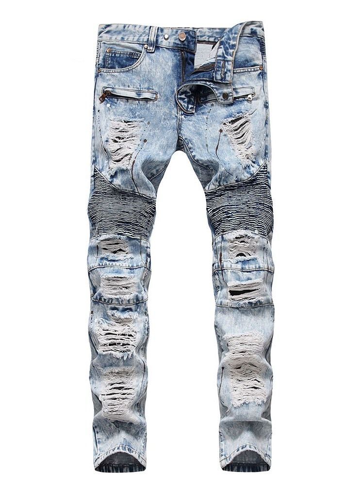 Straight Print-midje Jeans Med Glidelås For Menn