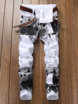 Straight Thin Print Menns Midje Europeiske Jeans For Menn