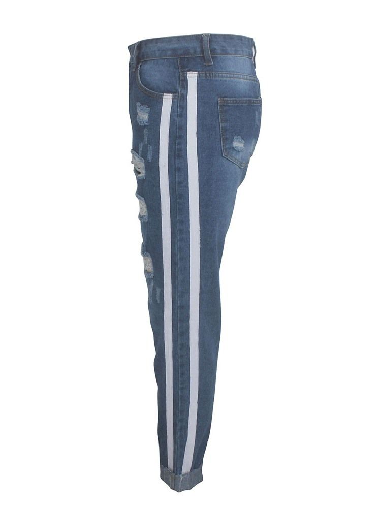 Stripe Hole Slim Slim Jeans Med Glidelås