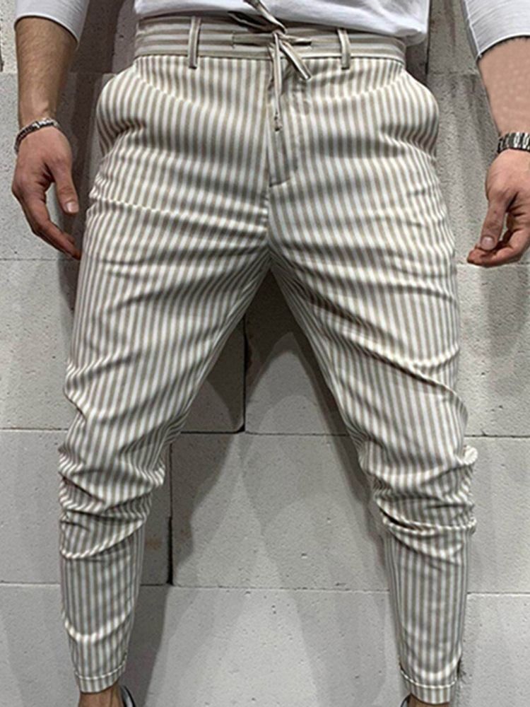 Stripe Pencil Pants Lace-up Four Seasons Mid Waist Herre Casual Bukser