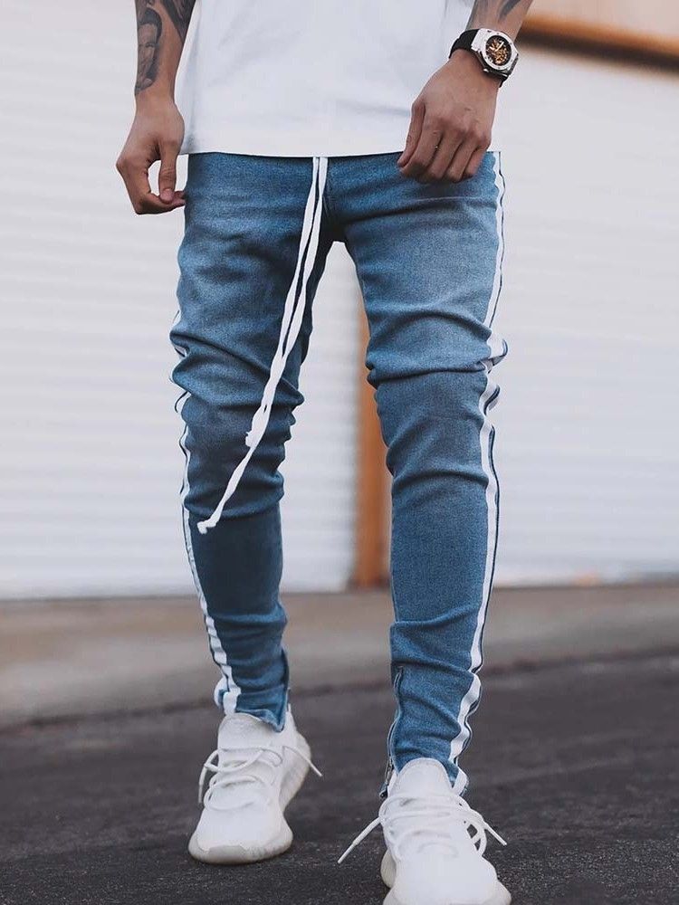 Thin Stripe Pencil Pants Casual Lace-up Jeans For Menn