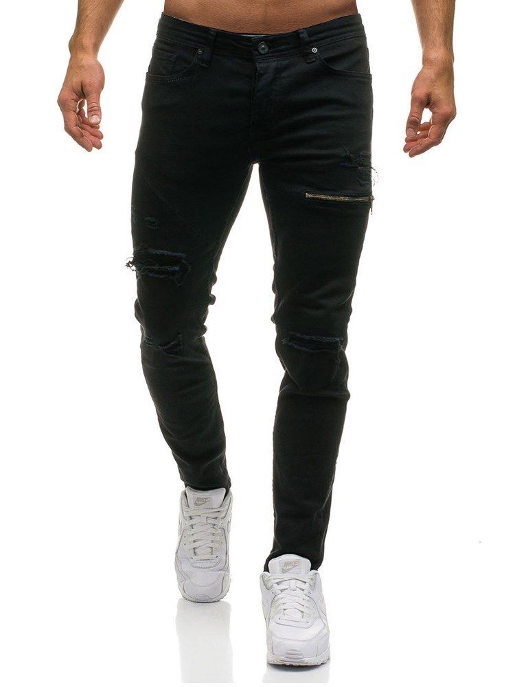 Vanlige Uelastiske Slitte Menns Casual Riflede Jeans