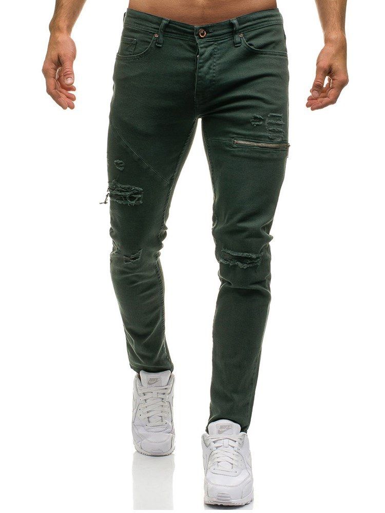 Vanlige Uelastiske Slitte Menns Casual Riflede Jeans