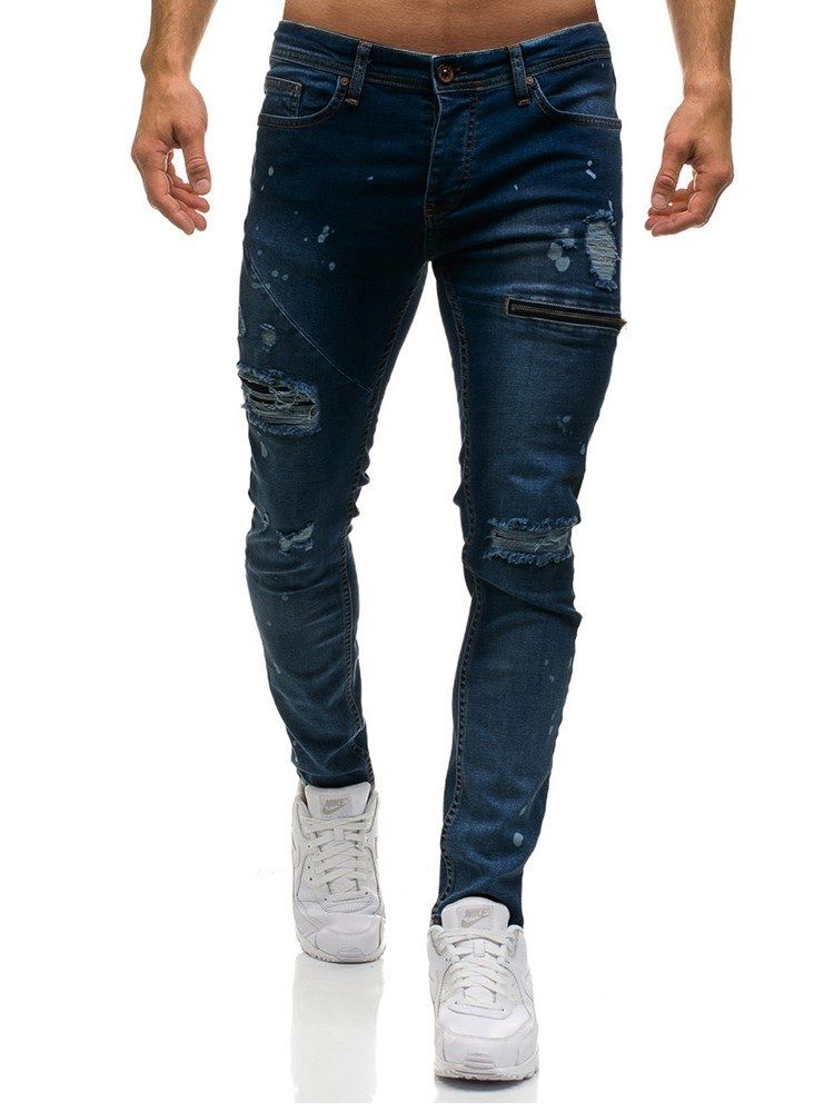 Vanlige Uelastiske Slitte Menns Casual Riflede Jeans