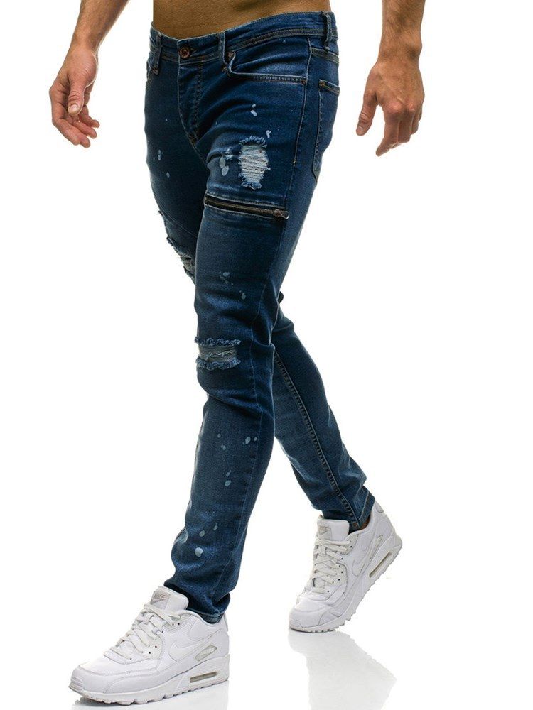 Vanlige Uelastiske Slitte Menns Casual Riflede Jeans