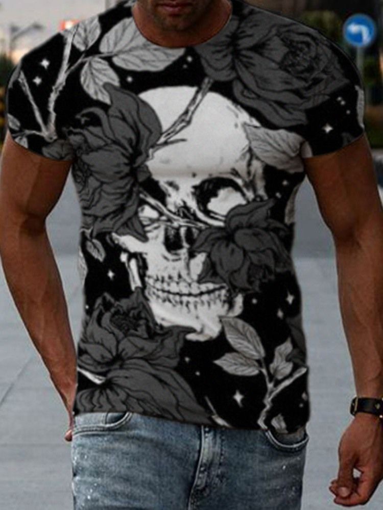 Round Neck Print Skull Pullover T-skjorte For Menn