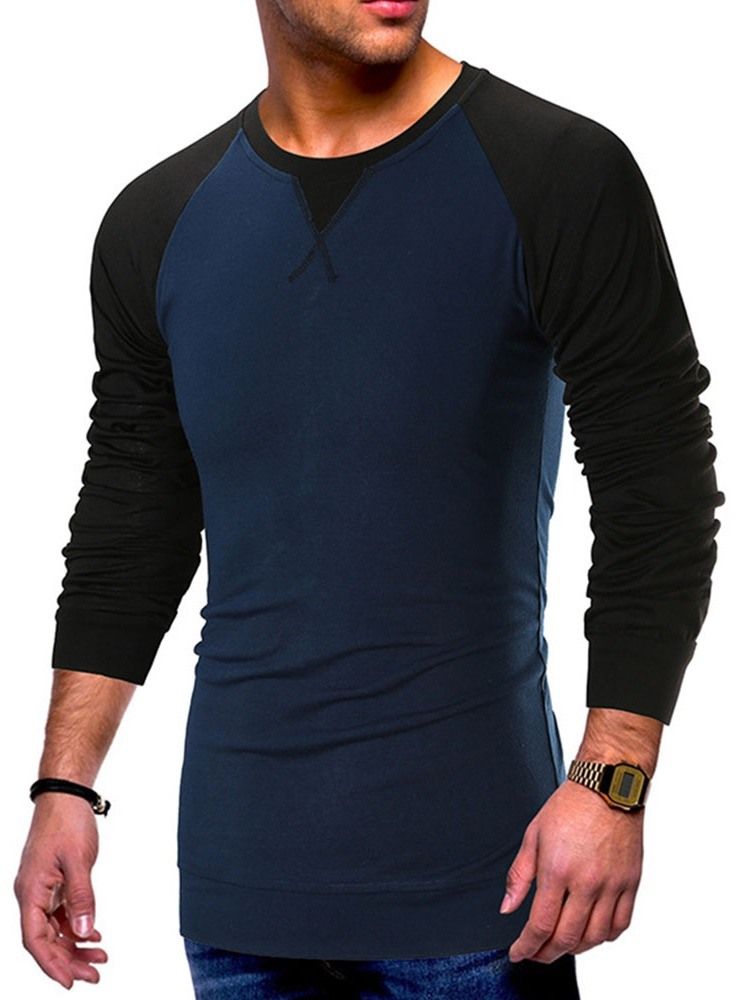 Rundhals Casual Color Block Pullover Langermet T-skjorte For Menn