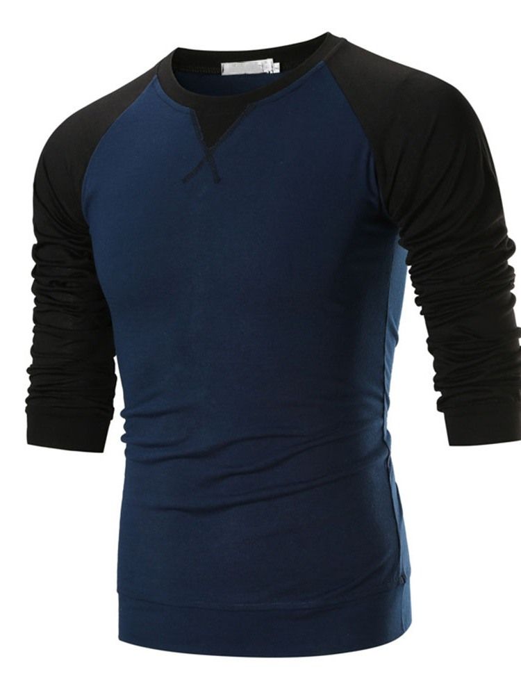 Rundhals Casual Color Block Pullover Langermet T-skjorte For Menn