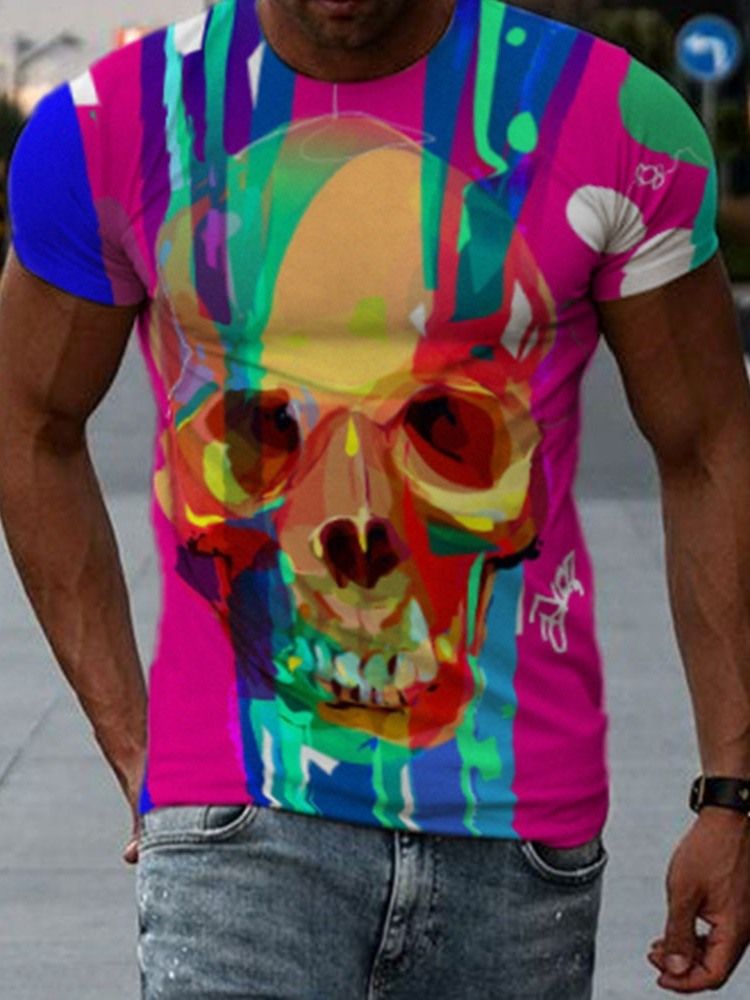 Skull Print Slim Kortermet T-skjorte For Menn