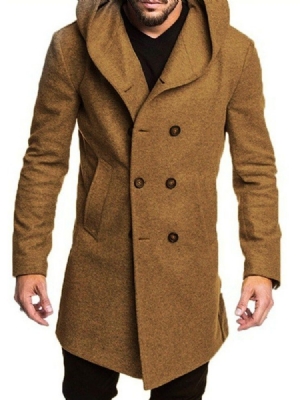 Button Hooded Plain Double-breasted Herre Coat