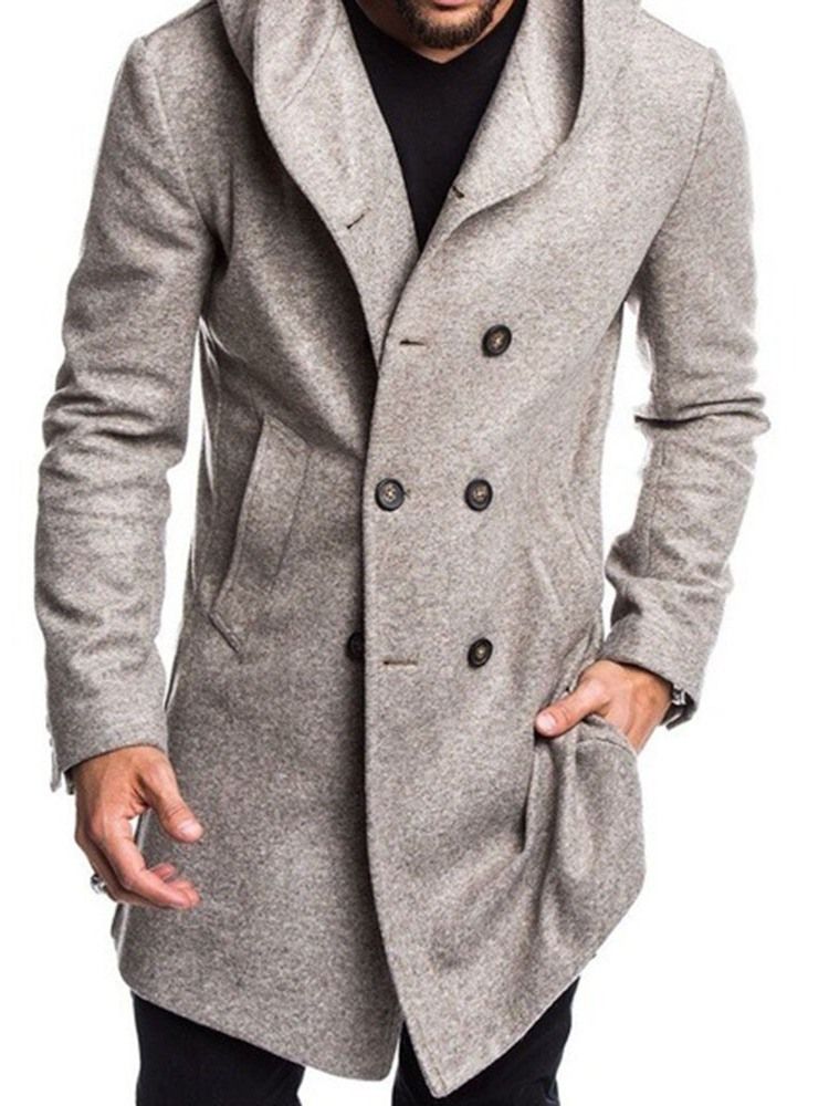 Button Hooded Plain Double-breasted Herre Coat