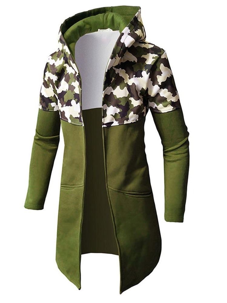 Camouflage Patchwork Slim Mid-length Hooded Mens Trench Coat