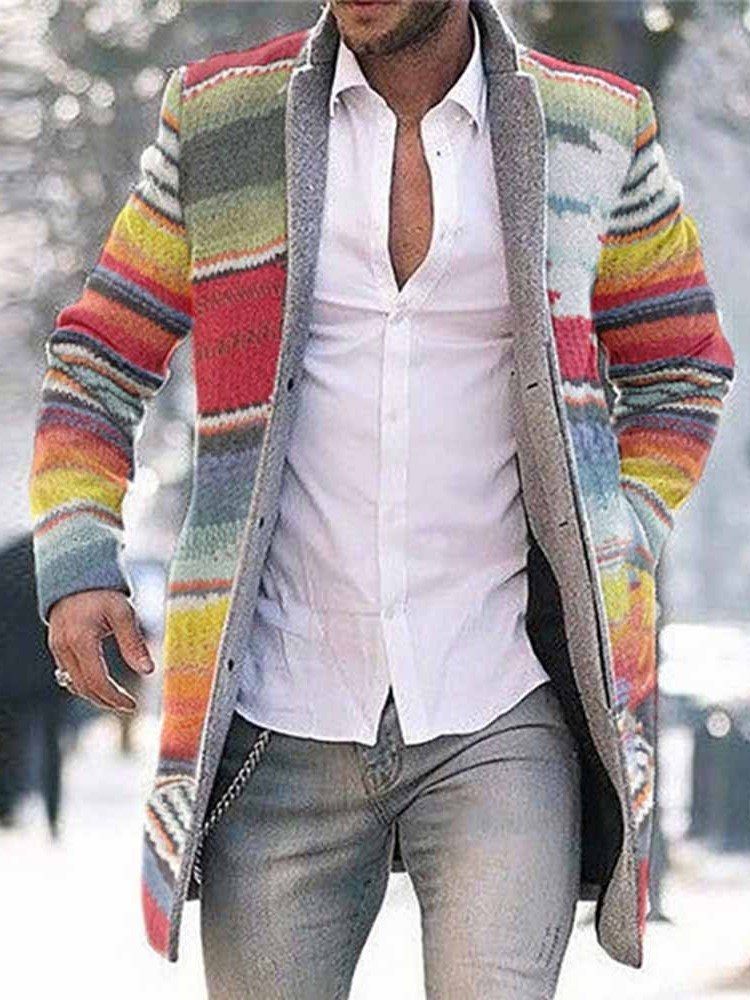 Color Block Mid-length Button Single-breasted Herre Coat