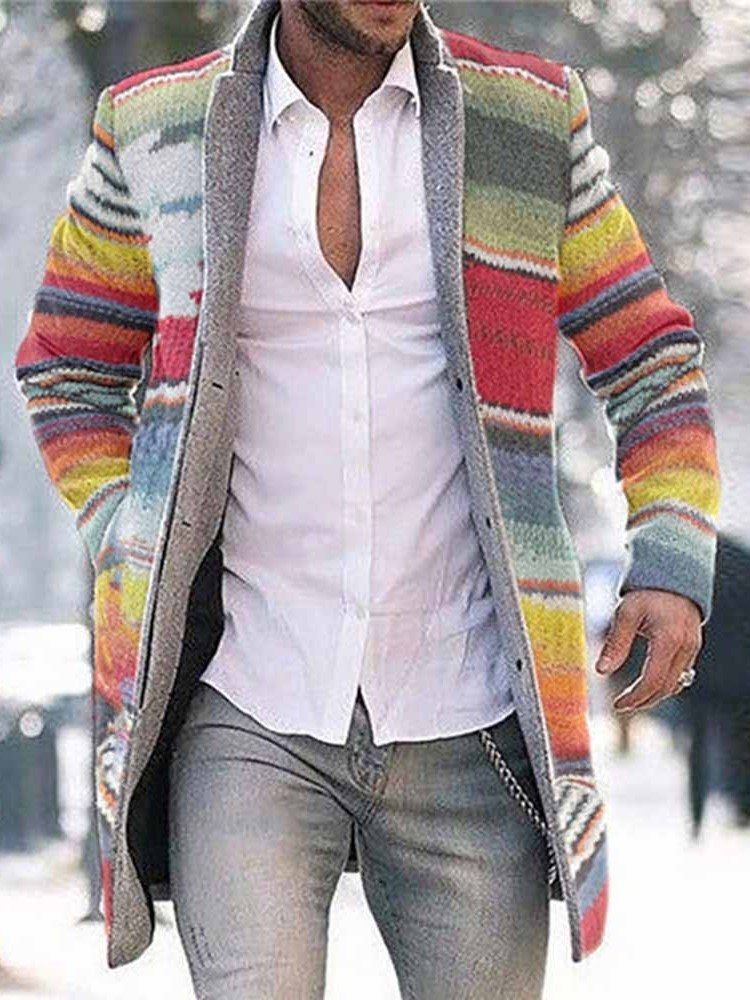 Color Block Mid-length Button Single-breasted Herre Coat