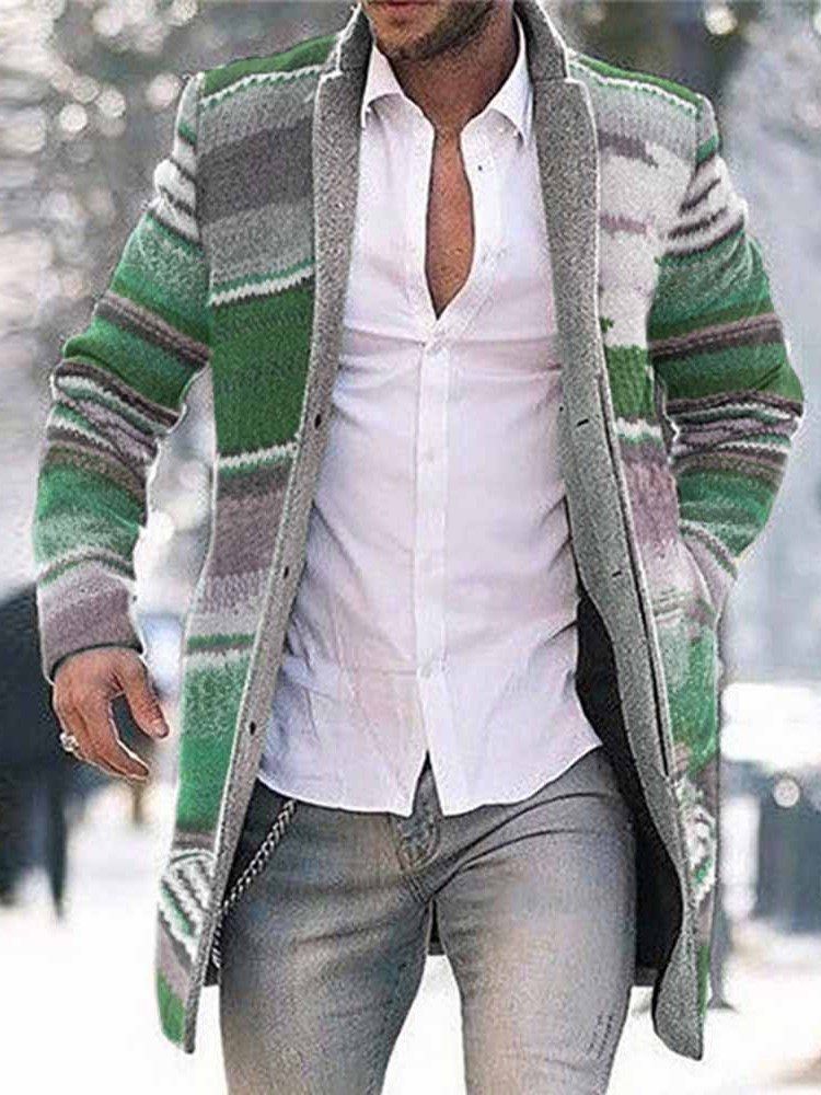 Color Block Mid-length Button Single-breasted Herre Coat