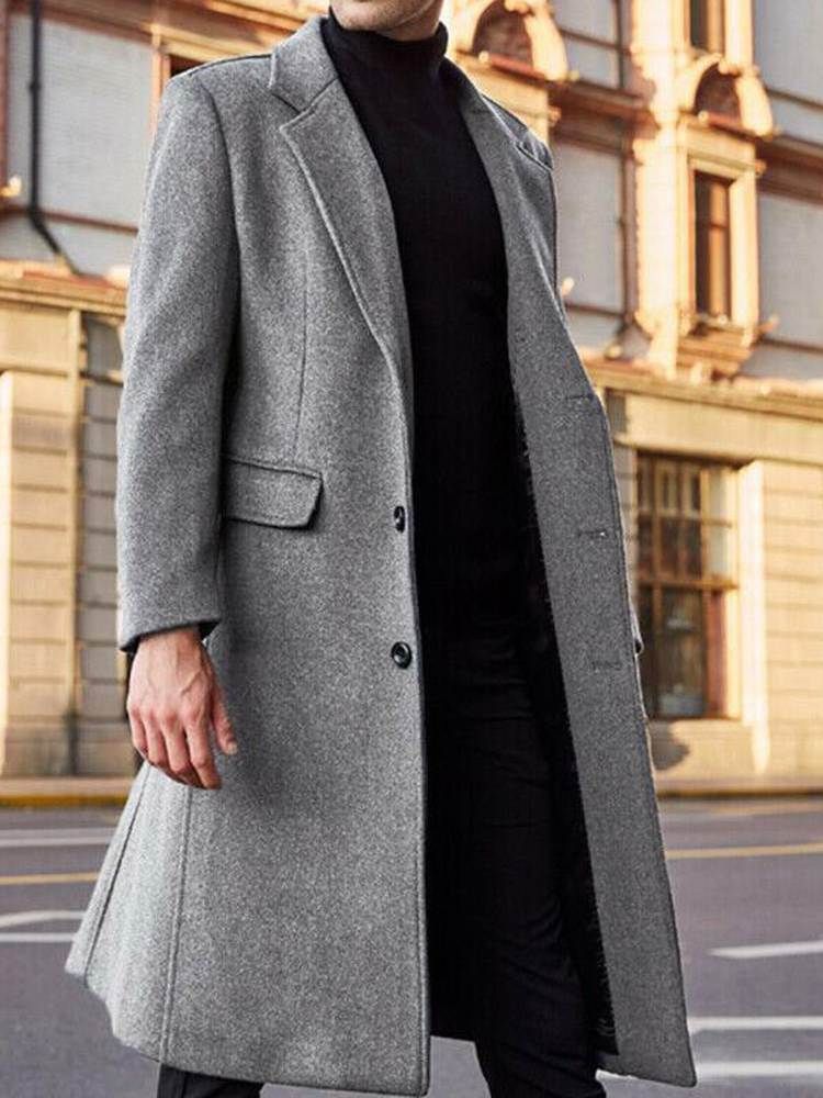 Long Style Notched Lapel Plain England A Line Herre Coat