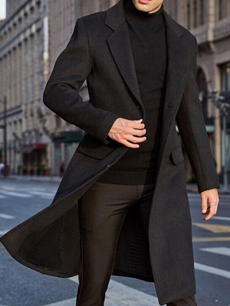 Long Style Notched Lapel Plain England A Line Herre Coat