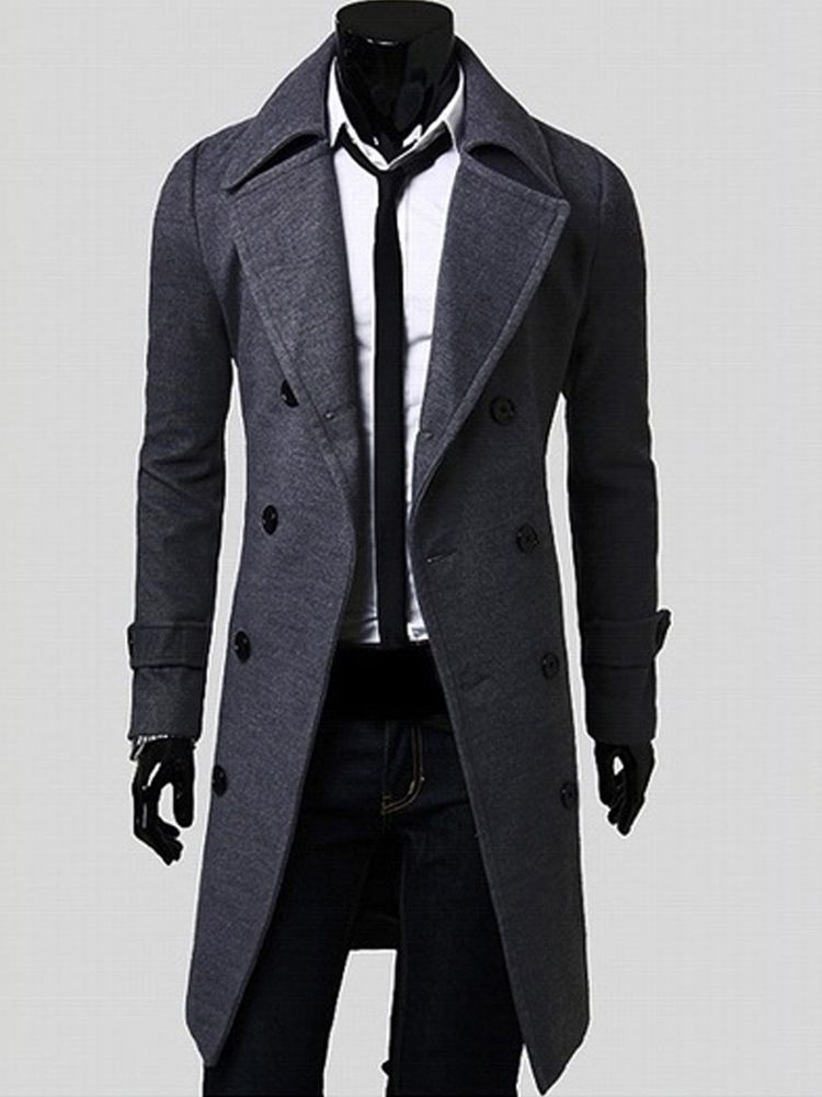 Notched Lapel Double-breasted Slim Peacoat Herre