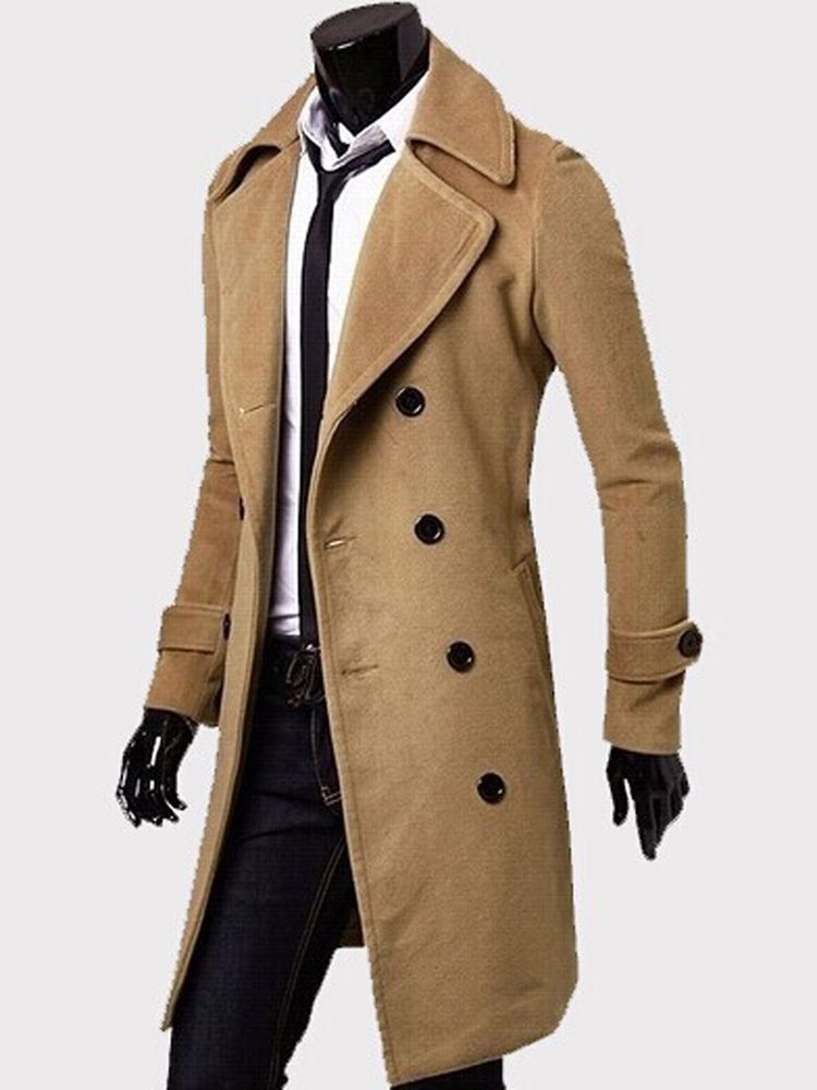 Notched Lapel Double-breasted Slim Peacoat Herre