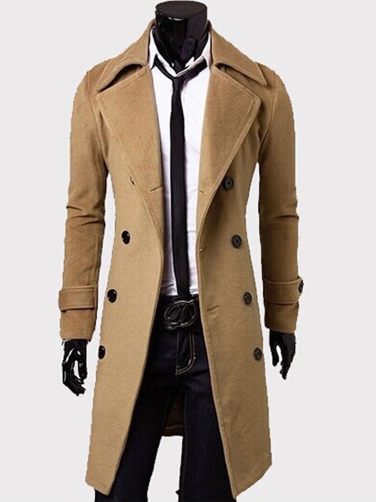 Notched Lapel Double-breasted Slim Peacoat Herre