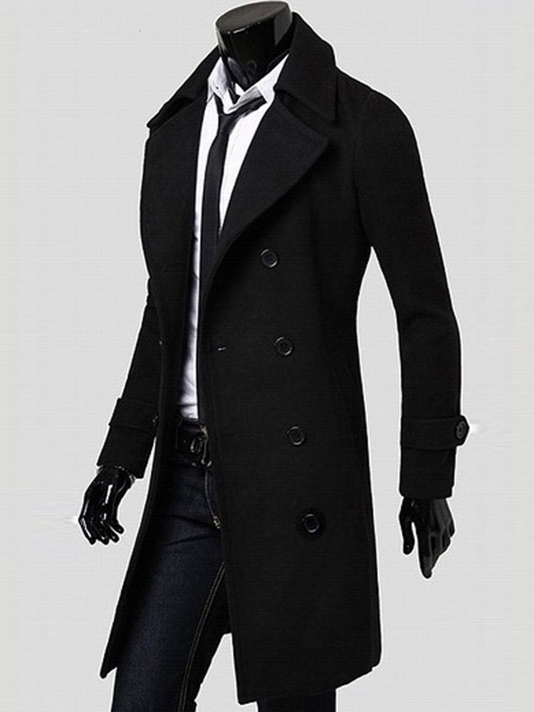 Notched Lapel Double-breasted Slim Peacoat Herre