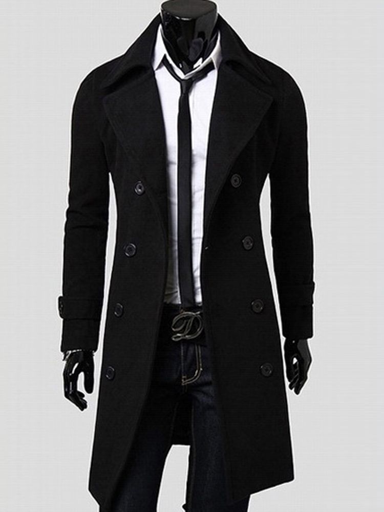 Notched Lapel Double-breasted Slim Peacoat Herre