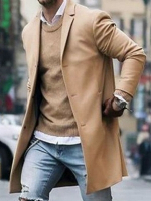 Notched Lapel Mid-length Plain Single-breasted Herre Coat