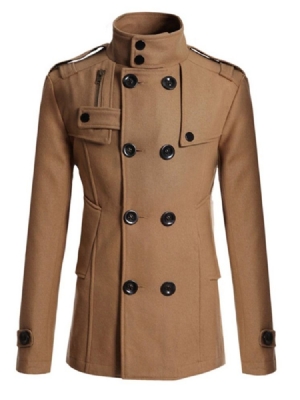 Plain Double-breasted Stand Collar Peacoat For Menn