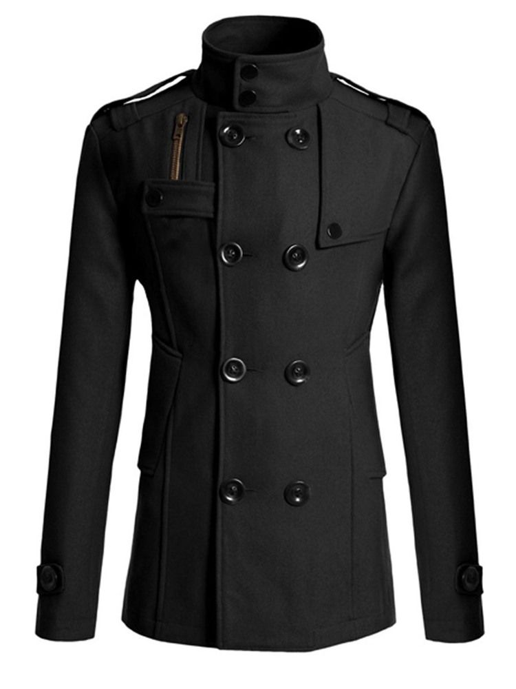 Plain Double-breasted Stand Collar Peacoat For Menn