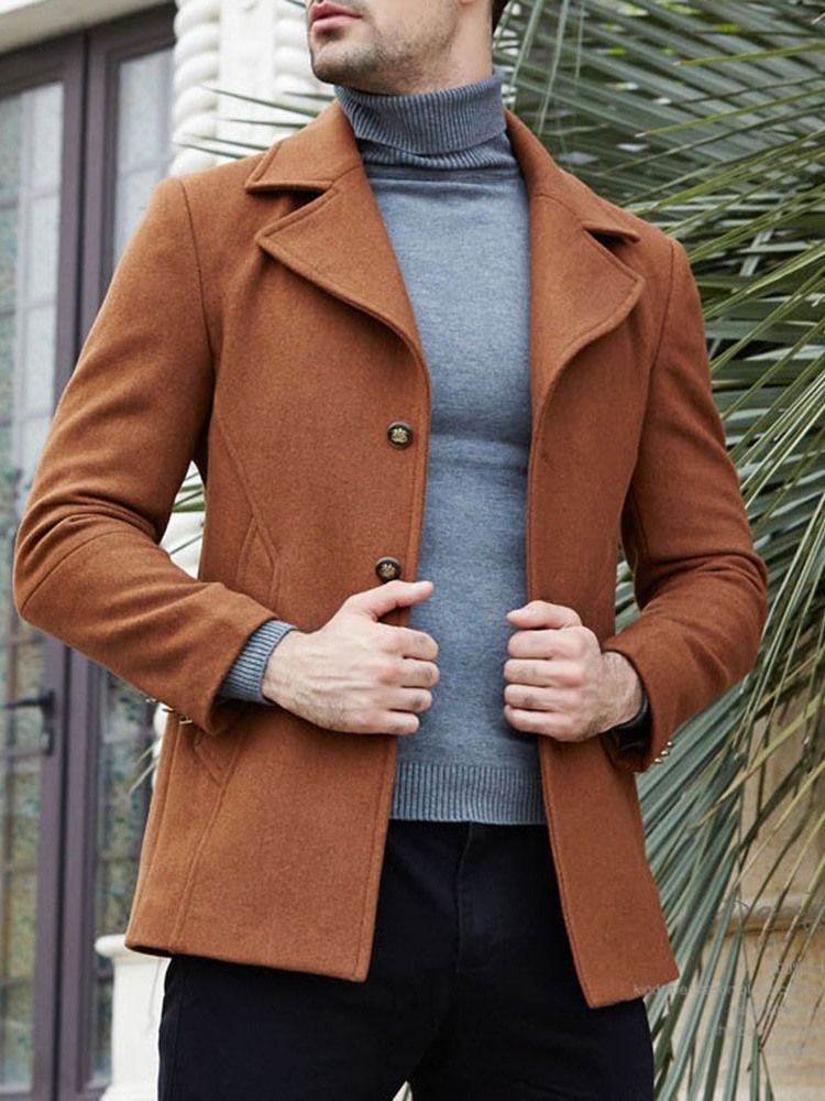 Plain Notched Lapel Mens Casual Slim Wool Coat